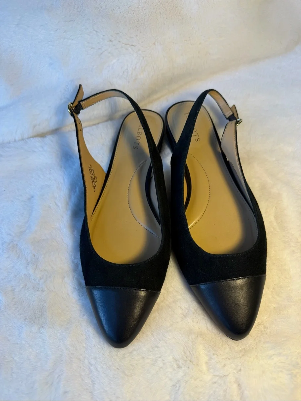 Talbots Classic Black Slingback Flats - Suede with Leather Toe Size 8.5